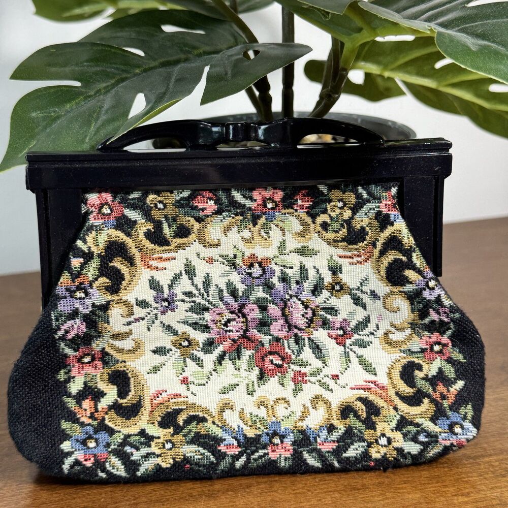 Vintage 1950s Tapestry Floral Coin Purse Black Plastic Frame Clasp Mid-Century